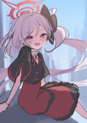 Rule 34 | 1girl, :d, black jacket, black scrunchie, blue archive, blush, buttons, cropped jacket, frilled skirt, frills, gradient eyes, grey hair, hair ornament, hair scrunchie, halo, high-waist skirt, highres, jacket, long hair, looking at viewer, multicolored eyes, mutsuki (blue archive), neck ribbon, open mouth, plaid, plaid skirt, pointy ears, purple eyes, red eyes, red halo, red ribbon, ribbon, scrunchie, short sleeves, side ponytail, skirt, smile, solo, swept bangs, wide sleeves, xeneca