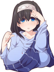Rule 34 | 10s, 1girl, bad id, bad pixiv id, bags under eyes, black hair, blue eyes, blush, breasts, collarbone, hair between eyes, hairband, idolmaster, idolmaster cinderella girls, jewelry, large breasts, long hair, long sleeves, looking up, necklace, open mouth, sagisawa fumika, simple background, solo, sweater, turtleneck, uccow, upper body, white background