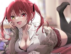 Rule 34 | 1girl, absurdres, black ribbon, black thighhighs, blunt bangs, blush, book, bra visible through clothes, breasts, cleavage, collared shirt, fang, hair ribbon, heart, heterochromia, highres, hololive, houshou marine, large breasts, legs up, long hair, looking at viewer, lying, on stomach, open clothes, open mouth, pato (8o 10), pencil, red eyes, red hair, ribbon, shirt, skin fang, skirt, smile, solo, the pose, thighhighs, twintails, unbuttoned, unbuttoned shirt, virtual youtuber, white shirt, yellow eyes