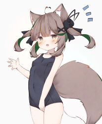 Rule 34 | 1girl, ahoge, animal ear fluff, animal ears, blue one-piece swimsuit, breasts, brown eyes, brown hair, commentary, covered navel, covering privates, covering crotch, highres, long hair, looking at viewer, old school swimsuit, one-piece swimsuit, open mouth, original, ribbon, risu (ritharte), school swimsuit, small breasts, smile, solo, squirrel ears, squirrel girl, squirrel tail, swimsuit, symbol-only commentary, tail, thighs, twintails