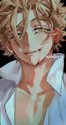 Rule 34 | 1boy, artist name, black background, blonde hair, blood, blood from mouth, blood on face, boku no hero academia, collarbone, collared shirt, ear piercing, earrings, eyebrows, eyeliner, facial hair, fangs, hair between eyes, hawks (boku no hero academia), jewelry, kadeart, looking at viewer, makeup, open clothes, open mouth, open shirt, pale skin, piercing, shirt, stubble, twitter username, watermark, white shirt, yellow eyes