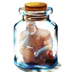 Rule 34 | 1boy, abs, aegir (housamo), aqua hair, bara, beard, blue eyes, bottle, bulge, commentary, crossed legs, dark-skinned male, dark skin, elbow rest, english commentary, facial hair, full body, in bottle, in container, large pectorals, leomon32, male focus, male swimwear, mature male, mini person, miniboy, multicolored hair, muscular, muscular male, nipples, pectorals, sad, short hair, solo, streaked hair, swim briefs, thick eyebrows, tokyo houkago summoners, topless male, white hair, white male swimwear
