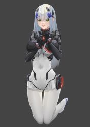 Rule 34 | 1girl, absurdres, alternate costume, armored bodysuit, assault rifle, blue hair, bodysuit, breast lift, breast press, breasts, breasts apart, commentary, covered navel, deep skin, fang, full body, girls&#039; frontline, gluteal fold, green eyes, grey background, gun, h&amp;k hk416, hair between eyes, hair ornament, hair over eyes, hands up, highres, hk416 (girls&#039; frontline), hk416 (midnight evangelion) (girls&#039; frontline), impossible bodysuit, impossible clothes, kneeling, large breasts, light blue hair, long hair, looking ahead, open mouth, rifle, shiny clothes, silver hair, simple background, skin fang, smile, solo, thigh gap, tsurime, weapon, white bodysuit, x hair ornament, yueyue no hand