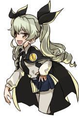 Rule 34 | 10s, 1girl, anchovy (girls und panzer), belt, black necktie, black ribbon, black skirt, cape, cowboy shot, cropped legs, dress shirt, drill hair, emblem, from side, girls und panzer, green hair, hair ribbon, hand on own hip, long hair, long sleeves, looking at viewer, miniskirt, necktie, open mouth, pantyhose, pleated skirt, red eyes, ribbon, ritsu (roboroboro), school uniform, shirt, simple background, skirt, smile, solo, standing, twin drills, twintails, white background, white pantyhose, white shirt