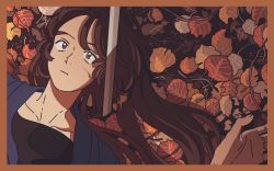 Rule 34 | 1girl, autumn leaves, bad id, bad twitter id, black shirt, border, brown border, brown hair, commentary request, cuts, expressionless, highres, injury, leaf, long hair, lying, male focus, on back, original, portrait, red eyes, sasakisasa27, shirt, solo, sword, weapon