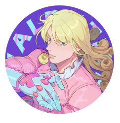 Rule 34 | 1boy, blonde hair, blue eyes, character name, closed mouth, coat, curly hair, dirty deeds done dirt cheap, funny valentine, highres, honlo, jojo no kimyou na bouken, long hair, long sleeves, looking at viewer, male focus, pink coat, portrait, solo, stand (jojo), steel ball run