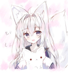 Rule 34 | 1girl, :d, ahoge, animal, animal ear fluff, animal ears, black jacket, blush, cat, collarbone, commentary request, fox ears, fox girl, fox tail, hair intakes, hands up, head tilt, highres, holding, holding animal, holding cat, jacket, long hair, long sleeves, looking at viewer, open mouth, original, ping myu ring (tandohark), purple eyes, silver hair, sleeves past wrists, smile, solo, tail, tail raised, tandohark, translated, upper body