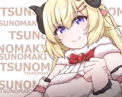 Rule 34 | 1girl, blonde hair, blush, bow, character name, closed mouth, disco brando, hair ornament, hairclip, highres, hololive, horns, long hair, looking at viewer, purple eyes, red bow, sheep horns, smile, solo, tsunomaki watame, tsunomaki watame (1st costume), upper body, virtual youtuber