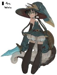 Rule 34 | 1girl, animal ears, black footwear, black hair, blue hair, blue hat, boots, bright pupils, character name, closed mouth, ears through headwear, ebimomo, full body, hat, highres, holding, holding shield, holding sword, holding weapon, long hair, looking at viewer, low twintails, oversized forearms, oversized limbs, shield, simple background, solo, standing, stones of dragon, sword, tail, thigh boots, thighhighs, twintails, very long hair, weapon, white background, white pupils, witch hat