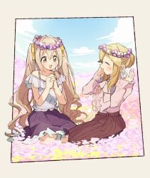 Rule 34 | 2girls, bare shoulders, blonde hair, blue shirt, blue sky, blush, bow, braid, breasts, brown eyes, brown hair, brown skirt, clarice (idolmaster), closed eyes, cloud, collarbone, day, field, flower, flower field, flower wreath, frilled shirt, frills, full body, hair bow, hair ribbon, hands up, idolmaster, idolmaster cinderella girls, idolmaster cinderella girls starlight stage, interlocked fingers, large breasts, long hair, long sleeves, looking at another, medium breasts, multiple girls, off-shoulder shirt, off shoulder, open mouth, outdoors, own hands together, pink shirt, pleated skirt, purple skirt, ribbon, saionji kotoka, seiza, shirt, sidelocks, sitting, skirt, sky, smile, twintails, yellow ribbon, yunion (sibujya)