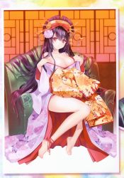 Rule 34 | 1girl, absurdres, alternate costume, ankle ribbon, artist name, bare legs, barefoot, bell, black hair, breasts, carnelian, cleavage, couch, feet, floral print, full body, fusou (kancolle), headdress, highres, japanese clothes, jingle bell, kantai collection, kimono, large breasts, leg ribbon, long hair, looking at viewer, off shoulder, oiran, red eyes, ribbon, scan, sitting, smile, solo, very long hair