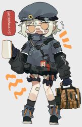 1girl bag bandaid bandaid_on_face bandaid_on_knee bandaid_on_leg bandaid_on_nose belt belt_pouch beret chibi coat defibrillator full_body fur-trimmed_coat fur_trim girls&#039;_frontline gloves grey_hair gun hat highres holding holding_bag hs2000_(girls&#039;_frontline) long_hair odmised open_mouth orange_eyes pouch speech_bubble thigh_strap weapon