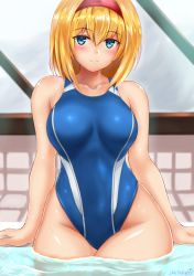 Rule 34 | 1girl, alice margatroid, blonde hair, blue eyes, blue one-piece swimsuit, commentary request, competition swimsuit, cowboy shot, hairband, highleg, highleg swimsuit, looking at viewer, one-piece swimsuit, red hairband, shetake, short hair, sitting, soaking feet, solo, swimsuit, touhou, water