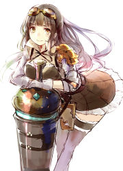 Rule 34 | 10s, 1girl, armor, asymmetrical clothes, blunt bangs, brown hair, brown skirt, closed mouth, collared shirt, cowboy shot, gloves, goggles, goggles on head, granblue fantasy, highres, holding, holding weapon, jessica (granblue fantasy), lance, leaning forward, long hair, looking at viewer, minato (shouno), pauldrons, polearm, shirt, short sleeves, shoulder armor, shoulder pads, simple background, single pauldron, skirt, smile, solo, thighhighs, very long hair, weapon, white background, white gloves, white shirt, white thighhighs, wing collar, yellow eyes, zettai ryouiki