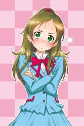 Rule 34 | 10s, 1girl, 3:, 3:&lt;, bow, bowtie, brown hair, checkered background, crossed arms, green eyes, hair bobbles, hair ornament, kazuma muramasa, minamino kanade, pink background, ponytail, precure, red bow, red bowtie, solo, suite precure, sweatdrop, v-shaped eyebrows