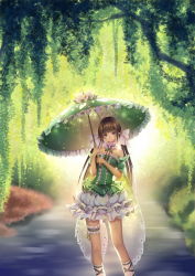 Rule 34 | 1girl, bare shoulders, blouse, bow, bridal garter, brooch, brown hair, bubble skirt, buttons, catcan, choker, closed mouth, cross-laced clothes, cross-laced legwear, detached sleeves, flower, frilled choker, frills, garden, glowing, green shirt, green theme, hair bow, highres, holding, holding umbrella, jewelry, kneehighs, lace, lace-trimmed legwear, lace trim, layered skirt, legs apart, long hair, looking at viewer, original, outdoors, parasol, puffy sleeves, purple eyes, shirt, skirt, smile, socks, solo, standing, tree, twintails, umbrella, very long hair, white skirt, white socks, wisteria