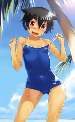 Rule 34 | 1girl, :d, bad id, bad pixiv id, black hair, blush, cloud, collarbone, competition school swimsuit, day, eyebrows, fang, flat chest, legs, lens flare, one-piece swimsuit, oohara kyuutarou, open mouth, original, red eyes, school swimsuit, short hair, sky, smile, solo, strap pull, swimsuit, tan, tanline, thick eyebrows, thigh gap, tomboy, tree, undressing, very short hair, wet