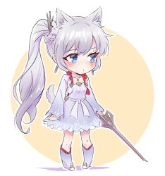 Rule 34 | 1girl, animal ears, blue eyes, blush, boots, chibi, commentary request, dog ears, dog tail, earrings, flat chest, iesupa, jewelry, myrtenaster, necklace, ponytail, rwby, scar, scar across eye, scar on face, solo, tail, weiss schnee, white hair