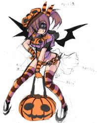 Rule 34 | 1girl, costume, highres, jack-o&#039;-lantern, pumpkin, pumpkin hat, sketch, solo, striped clothes, striped thighhighs, thighhighs, white background, wings