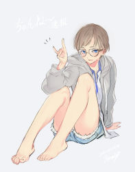 Rule 34 | androgynous, bad id, bad pixiv id, bare legs, barefoot, blue eyes, dated, denim, denim shorts, elbow on knee, fox shadow puppet, gender request, glasses, grey background, grey hair, grey jacket, highres, jacket, light smile, long sleeves, looking at viewer, miri nanase, original, short hair, short shorts, shorts, signature, simple background, sitting, sketch, solo