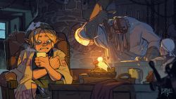 Rule 34 | 1girl, 2boys, basket, blacksmith, blanket, blonde hair, chair, character request, cold, commentary, crossed arms, cup, english commentary, fairy, fire, food, gloves, green skirt, hammer, hat, highres, holding, holding cup, hot drink, indoors, leo cherel, link, looking at another, mask, multiple boys, nintendo, oven, parted bangs, plate, pointy ears, shirt, signature, sitting, skirt, steam, sword, the legend of zelda, the legend of zelda: majora&#039;s mask, tunic, weapon, window