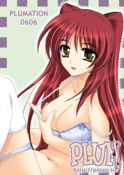 Rule 34 | 00s, 1girl, blue bra, blue panties, bra, bra pull, breasts, brown eyes, cleavage, clothes pull, kanna (plum), kousaka tamaki, lace, lace-trimmed bra, lace trim, large breasts, lingerie, long hair, panties, panty pull, red hair, sitting, solo, strap slip, thighhighs, to heart (series), to heart 2, underwear, underwear only, undressing, white thighhighs