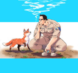Rule 34 | 1boy, bara, billy russell (dickfish), black-framed eyewear, boots, cigarette, dickfish (fishismdick), facial hair, fox, full body, glasses, highres, male focus, mature male, military, military uniform, muscular, muscular male, mustache, original, pectorals, short hair, sideburns, sleeves rolled up, solo, squatting, uniform