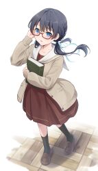Rule 34 | 1girl, absurdres, bespectacled, black hair, black socks, blue eyes, blue ribbon, book, brown cardigan, brown dress, brown footwear, cardigan, collarbone, commentary, dress, floating hair, floor, from above, full body, glasses, hair ribbon, hasu no sora school uniform, highres, holding, holding book, link! like! love live!, loafers, long hair, long sleeves, looking at viewer, love live!, low twintails, medium dress, mole, mole on neck, murano sayaka, open cardigan, open clothes, open mouth, pleated dress, red-framed eyewear, ribbon, sailor collar, sailor dress, school uniform, semi-rimless eyewear, shoes, socks, solo, textbook, tile floor, tiles, twintails, under-rim eyewear, virtual youtuber, walking, white background, white sailor collar, winter uniform, yutuki ame