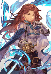 Rule 34 | 1girl, armor, belt, breastplate, brown eyes, brown hair, granblue fantasy, granblue fantasy versus, holding, holding sword, holding weapon, hungry clicker, katalina (granblue fantasy), looking at viewer, sword, weapon, white background