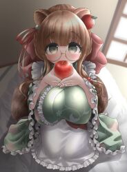 Rule 34 | 1girl, animal ears, apple, apron, blunt bangs, blurry, blurry background, bow, breasts, brown hair, commentary request, commission, day, floral print, floral print kimono, food, frilled apron, frilled kimono, frilled sleeves, frills, from above, fruit, fruit hair ornament, glasses, green eyes, green kimono, hair bow, hair ornament, hair ribbon, hands on own breasts, hands up, holding, holding food, holding fruit, huge breasts, indoors, japanese clothes, kimono, kneeling, light blush, long sleeves, looking at viewer, medium hair, mepuchin, on floor, original, pink bow, ponytail, raccoon ears, raccoon girl, raccoon tail, red apple, red ribbon, ribbon, round eyewear, semi-rimless eyewear, sidelocks, skeb commission, solo, tail, white apron, wide sleeves, window, yellow-framed eyewear