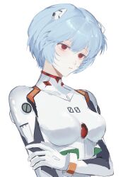 Rule 34 | 1girl, absurdres, ayanami rei, blue hair, bodysuit, breasts, covered collarbone, expressionless, fengguai, from side, hairpods, hand on own arm, highres, interface headset, looking ahead, medium breasts, neon genesis evangelion, parted lips, pilot suit, plugsuit, red eyes, short hair, simple background, skin tight, solo, upper body, white background, white bodysuit