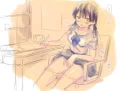 Rule 34 | 1girl, black hair, blue neckwear, blush, book, bow, bowtie, breasts, breath, chair, clothes lift, collarbone, desk, drawer, drooling, glasses, grey skirt, heart, holding, long hair, looking at viewer, low twintails, masturbation, medium breasts, notebook, open mouth, panties, panty pull, pencil, picture frame, poster (medium), pussy, pussy juice, school uniform, shelf, shirt, short sleeves, sitting, skirt, skirt lift, spoken heart, sugara naka, sweatdrop, twintails, underwear, wall, white shirt, writing, yellow eyes, yellow panties