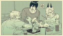 Rule 34 | + +, 1girl, 2boys, angry, black hair, bowl, can, chainsaw man, chopsticks, cross, cross-shaped pupils, eating, excited, food, glass, hair between eyes, hair over one eye, holding, horns, kanitumuri, long hair, long sleeves, looking at another, looking at object, multiple boys, open mouth, pitcher (container), plate, rice, sharp teeth, shirt, short hair, short sleeves, simple background, sitting, soup, soup ladle, steam, surprised, sweat, sweatdrop, symbol-shaped pupils, table, teeth, television, teppanyaki, thought bubble, topknot