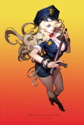 Rule 34 | 1girl, :q, blonde hair, blue eyes, boots, breasts, chain, cleavage, cuffs, dean holdeen, hair over one eye, handcuffs, high heels, large breasts, miniskirt, police, police uniform, policewoman, skirt, solo, tonfa, tongue, tongue out, uniform, weapon
