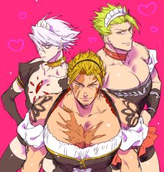 Rule 34 | 3boys, achilles (fate), adapted costume, alternate costume, alternate pectoral size, bara, beowulf (fate), black dress, black thighhighs, blonde hair, chest jewel, cosplay request, crossdressing, dress, enmaided, facial hair, fate/grand order, fate (series), goatee, heart, heart background, huge pectorals, karna (fate), large pectorals, looking at viewer, maid, maid headdress, male focus, mature male, multiple boys, muscular, muscular male, off-shoulder dress, off shoulder, pectoral cleavage, pectoral squeeze, pectorals, pink background, puffy chest, red eyes, saida nika, scar, scar on chest, shiny skin, short hair, shoulder tattoo, skinny, smile, tattoo, thighhighs, upper body