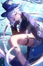 Rule 34 | 1girl, absurdres, air bubble, asymmetrical gloves, black gloves, black straps, blue bow, blue brooch, blue eyes, blue hair, blue headwear, blue jacket, bow, bright pupils, bubble, closed mouth, dappled sunlight, drop-shaped pupils, ebibi chiriri, feet out of frame, furina (genshin impact), gem, genshin impact, gloves, hair between eyes, hat, heterochromia, highres, jacket, legs, light blue hair, long hair, long sleeves, looking at viewer, mismatched gloves, multicolored hair, outdoors, shorts, sidelocks, smile, socks, streaked hair, sunlight, symbol-shaped pupils, thigh strap, top hat, two-tone hair, underwater, very long hair, water, white shorts, white socks