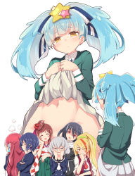 Rule 34 | 10s, 6+girls, androgynous, ba kuro, bandages, blue hair, blunt bangs, blush, bow, brown hair, clothes lift, commentary request, convenient censoring, convenient head, covering own mouth, crossed arms, drooling, everyone, food-themed hair ornament, hair ornament, hair over one eye, hair ribbon, half-closed eyes, head tilt, highres, hoshikawa lily, jacket, japanese clothes, kimono, konno junko, letterman jacket, lifted by self, long hair, long sleeves, looking away, low twintails, minamoto sakura, mizuno ai, multicolored hair, multiple girls, nikaidou saki, no panties, open mouth, parted lips, peeking through fingers, pleated skirt, polka dot, polka dot bow, ponytail, projected inset, red hair, ribbon, school uniform, short hair, silver hair, simple background, skirt, skirt lift, smile, spoilers, star (symbol), star hair ornament, streaked hair, twintails, white background, yamada tae, yellow eyes, yuugiri (zombie land saga), zombie land saga