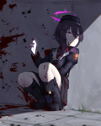 Rule 34 | 1girl, absurdres, against wall, aimpoleume, black footwear, blood, blood on clothes, blood on face, blood on hands, blood splatter, blue archive, boots, bullet hole, cellphone, expressionless, garrison cap, hair ornament, hairclip, halo, haruka (blue archive), hat, highres, holding, holding phone, juliet sleeves, long hair, long sleeves, looking to the side, military, military hat, military uniform, phone, puffy sleeves, purple eyes, purple hair, red shirt, shirt, skirt, smartphone, solo, squatting, uniform