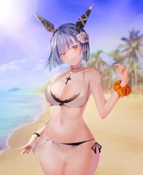 Rule 34 | + +, 1girl, absurdres, azur lane, bad id, bad pixiv id, beach, bikini, blue hair, blue sky, blurry, blurry background, breasts, choker, cowboy shot, cross, cross necklace, flower, food, frilled choker, frills, gascogne (azur lane), gascogne (tropical environs acclimation service equipment) (azur lane), gascogne (tropical environs acclimation service equipment) (azur lane), hair flower, hair ornament, headgear, highres, holding, holding food, ice cream, jewelry, kkong, looking at viewer, medium breasts, mismatched bikini, nail polish, necklace, official alternate costume, orange eyes, palm tree, popsicle, sand, see-through, short hair, sky, solo, sunlight, swimsuit, thigh gap, tree, water, white bikini, white flower