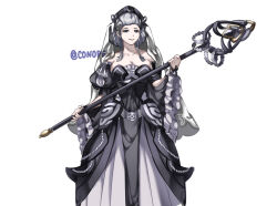 1girl alternate_costume black_dress blue_eyes breasts cleavage conope crown dress earrings eir_(fire_emblem) fire_emblem fire_emblem_heroes frilled_sleeves frills hair_bun holding holding_staff jewelry large_breasts nintendo queen sidelocks solo staff veil white_dress white_hair