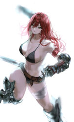 Rule 34 | 1girl, absurdres, armor, bandaged leg, bandages, bare shoulders, belt, bikini, black bikini, breasts, brown belt, cleavage, gauntlets, greaves, gun, handgun, heavenmole, highres, holding, holding sword, holding weapon, large breasts, linea alba, long hair, original, parted lips, red hair, solo, swimsuit, sword, thick thighs, thighs, weapon, white background