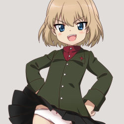 Rule 34 | 1girl, black skirt, blonde hair, blue eyes, bow, bow panties, commentary, girls und panzer, green jacket, grey background, hands on lap, insignia, jacket, katyusha (girls und panzer), lace, lace-trimmed panties, lace trim, long sleeves, looking at viewer, miniskirt, open mouth, panties, pantyshot, pleated skirt, pravda school uniform, red shirt, rubisawataro, school uniform, shirt, short hair, simple background, skirt, smirk, solo, standing, turtleneck, underwear, v-shaped eyebrows, white panties, wind, wind lift