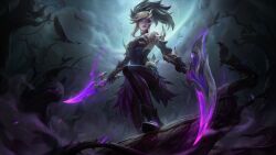 Rule 34 | 1girl, absurdres, akali, animal, bare shoulders, bare tree, bird, black gloves, blonde hair, breasts, cloud, cloudy sky, coven akali, crow, dagger, elbow gloves, from below, gloves, glowing, glowing eyes, highres, holding, holding dagger, holding knife, holding scythe, holding weapon, knife, league of legends, long hair, looking down, medium breasts, moon, multicolored hair, night, official alternate costume, official art, outdoors, pink eyes, ponytail, scythe, shoes, sky, tree, two-tone hair, weapon, white hair