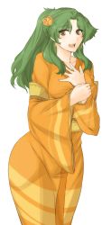 Rule 34 | 1girl, archived source, blush, brown eyes, collarbone, curvy, earrings, elincia ridell crimea, eyes visible through hair, fire emblem, fire emblem: path of radiance, fire emblem: radiant dawn, fire emblem heroes, flower, green hair, hair flower, hair ornament, hand on own chest, happy, highres, holding own wrist, japanese clothes, jewelry, kimono, light blush, long hair, looking at viewer, nintendo, open mouth, orange kimono, parted bangs, ponytail, smile, solo, transparent background, tridisart, wide hips, yellow eyes