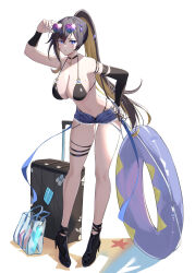 Rule 34 | 1girl, absurdres, adjusting eyewear, alternate costume, arm up, arm warmers, armpits, bare legs, bare shoulders, bent over, bikini, black bikini, black choker, black footwear, black hair, blonde hair, blue eyes, blue shorts, breasts, choker, cleavage, clothing cutout, cocoablue23, cutoffs, denim, denim shorts, full body, goddess of victory: nikke, halterneck, hand on eyewear, hand on own hip, heart, heart-shaped eyewear, high heels, highres, innertube, large breasts, long hair, looking at viewer, micro shorts, mole, mole on breast, multicolored hair, nail polish, navel, noise (nikke), open fly, ponytail, shorts, side cutout, skindentation, solo, standing, stomach, strap gap, string bikini, swim ring, swimsuit, thigh strap, thighs, two-tone hair, very long hair