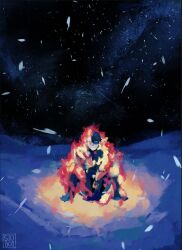 Rule 34 | 1boy, agni (fire punch), burn scar, burning, expressionless, fire, fire punch, highres, night, night sky, scar, signature, sioboi, sitting, sky, snow, snowing, solo