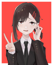 Rule 34 | 1girl, absurdres, black jacket, black necktie, blazer, blush, border, bright pupils, brown eyes, brown hair, buttoned cuffs, buttons, chainsaw man, chinese commentary, collared shirt, commentary request, eyes visible through hair, forced smile, hair behind ear, hair flip, hair ornament, hairclip, hand in own hair, hands up, hanwen87579 (eez), higashiyama kobeni, highres, jacket, long sleeves, looking at viewer, mole, mole under eye, multiple moles, necktie, nervous sweating, open mouth, outside border, red background, shirt, short hair, simple background, solo, sweat, teeth, upper teeth only, v, white border, white pupils, white shirt