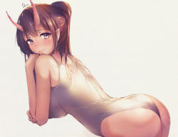 Rule 34 | 1girl, ass, azur lane, back, bare shoulders, blush, breasts, brown eyes, brown hair, closed mouth, commentary request, dermar, eyebrows, from behind, from side, hair bun, hand on own chin, hand on own elbow, head tilt, highres, horns, izumo (azur lane), large breasts, legs together, long hair, looking at viewer, one-piece swimsuit, oni, oni horns, pointy ears, ponytail, sideboob, sidelocks, simple background, single hair bun, smile, solo, swimsuit, white background, white one-piece swimsuit