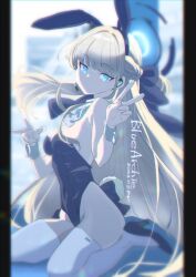 Rule 34 | 1girl, bare shoulders, blonde hair, blue archive, blue eyes, highres, kneeling, leotard, playboy bunny, rio (animator), solo, thighhighs, v, white thighhighs