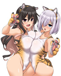 Rule 34 | 2022, 2girls, absurdres, alternate costume, animal ears, animal hands, animal print, ass, black hair, blue eyes, blush, breast press, breasts, competition swimsuit, covered navel, cowboy shot, fang, fangs, gloves, hair between eyes, hair ornament, hair over one eye, hairclip, hamakaze (kancolle), happy new year, highleg, highleg swimsuit, highres, kantai collection, large breasts, leotard, long hair, looking at viewer, multicolored hair, multiple girls, naganami (kancolle), new year, one-piece swimsuit, open mouth, paw gloves, pink hair, ribbon, short hair, silver hair, smile, swimsuit, symmetrical docking, tail, tiger ears, tiger print, two-tone hair, wavy hair, yoshi tama